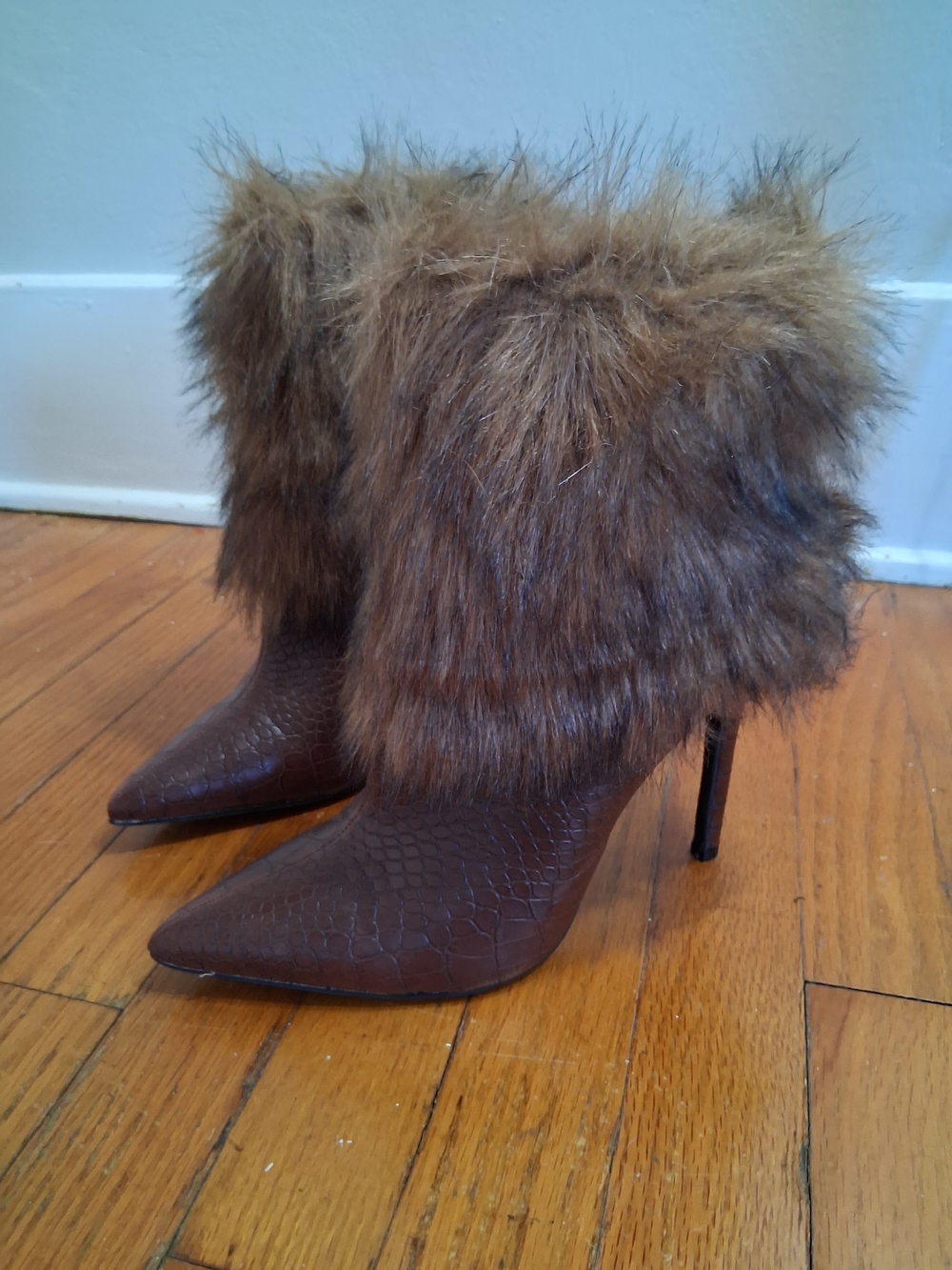 Faux Fur Trim Brown Pointed Stiletto Ankle Boots